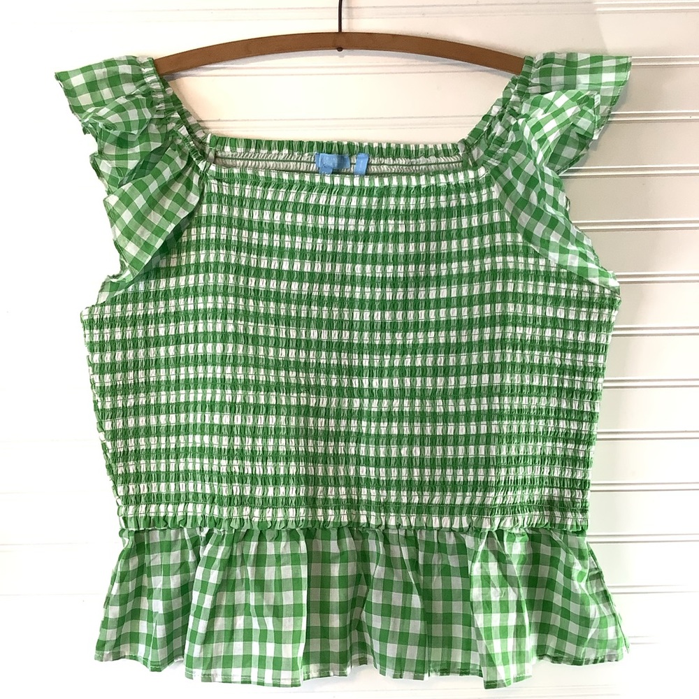 Draper James RSVP XXL Flutter Sleeve Green Gingham Check Seersucker Cotton Top